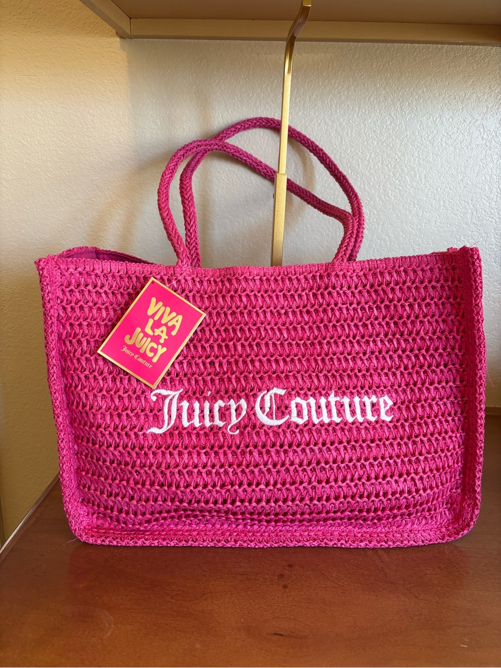 Juicy Couture Bright Fuchsia Crochet Tote with White Logo